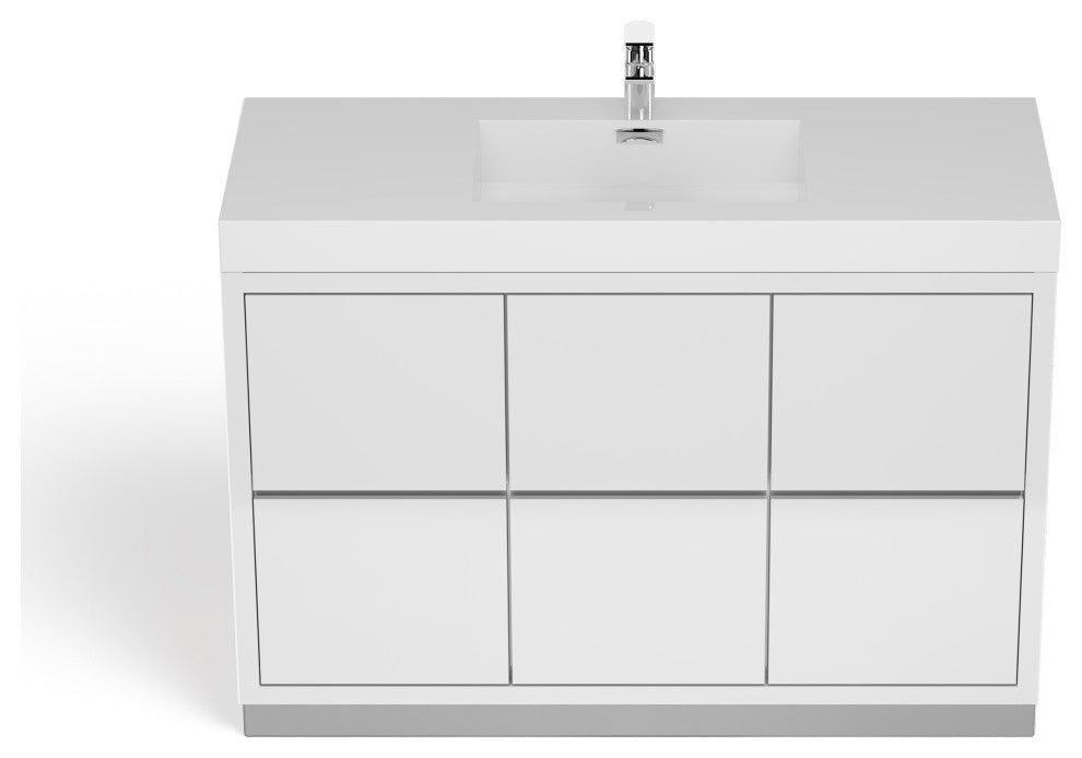 Boutique Bath Vanity, High Gloss White, 48", Single Sink, Freestanding