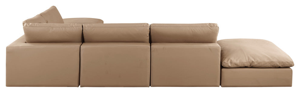 Comfy Upholstered L-Shaped Modular Sectional, Tan, 6-Piece: 3 Armless Chair, 1 Corner Chair, 2 Ottoman, Vegan Leather