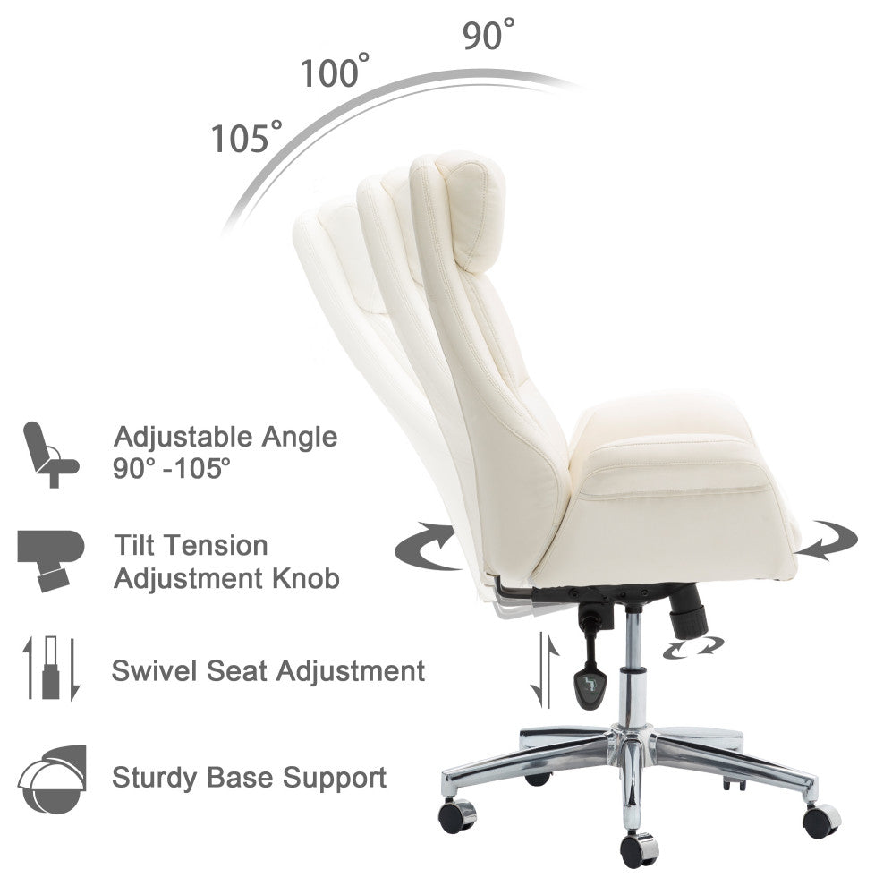 Mid-Century Leatherette Adjustable Swivel High Back Office Chair, Cream White