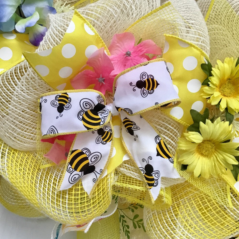 Bumble Bee Spring Floral Wreath Handmade Deco Mesh