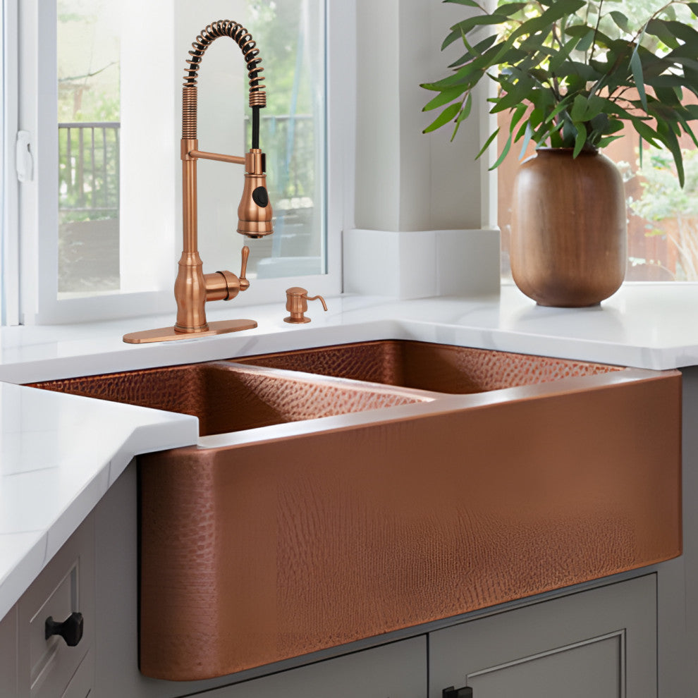Copper Pre-Rinse Spring Kitchen Faucet with Pull Down Sprayer, Copper
