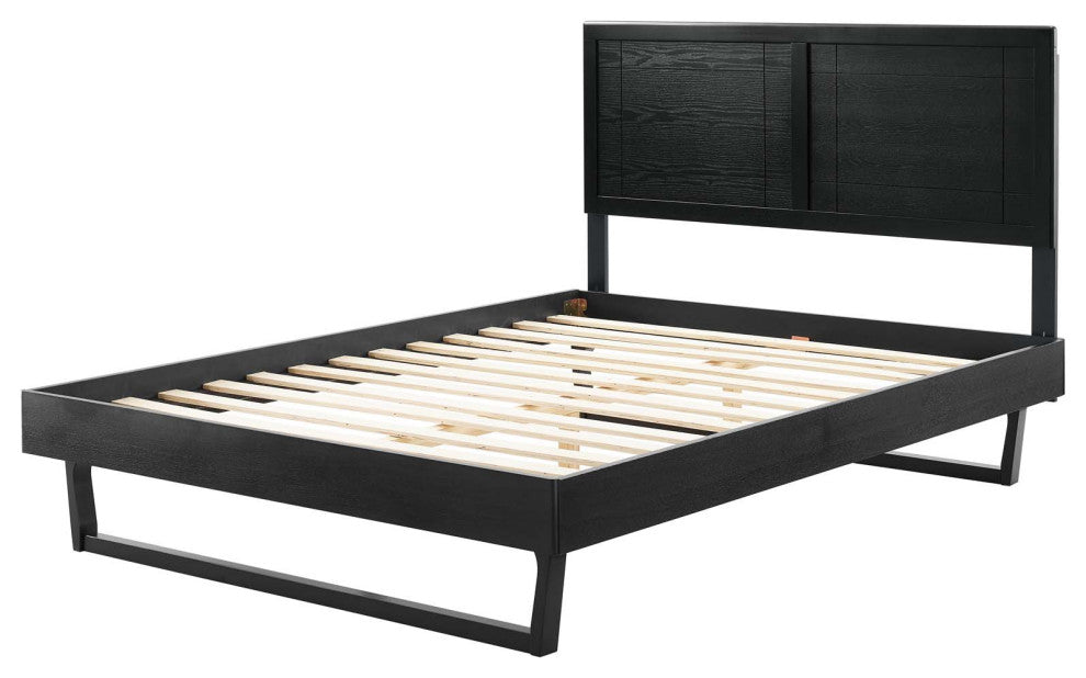 Platform Bed Frame, King Size, Wood, Black, Modern Mid-Century, Bedroom Master