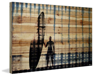 "Surf at Dusk" Print on Natural Pine Wood, 36"x24"