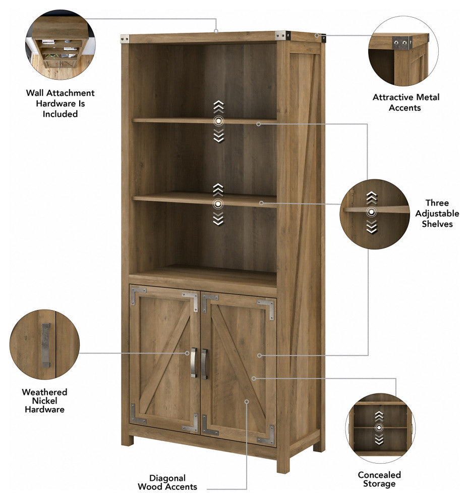 kathy ireland Home Cottage Grove Tall Bookcase With Doors, Reclaimed Pine