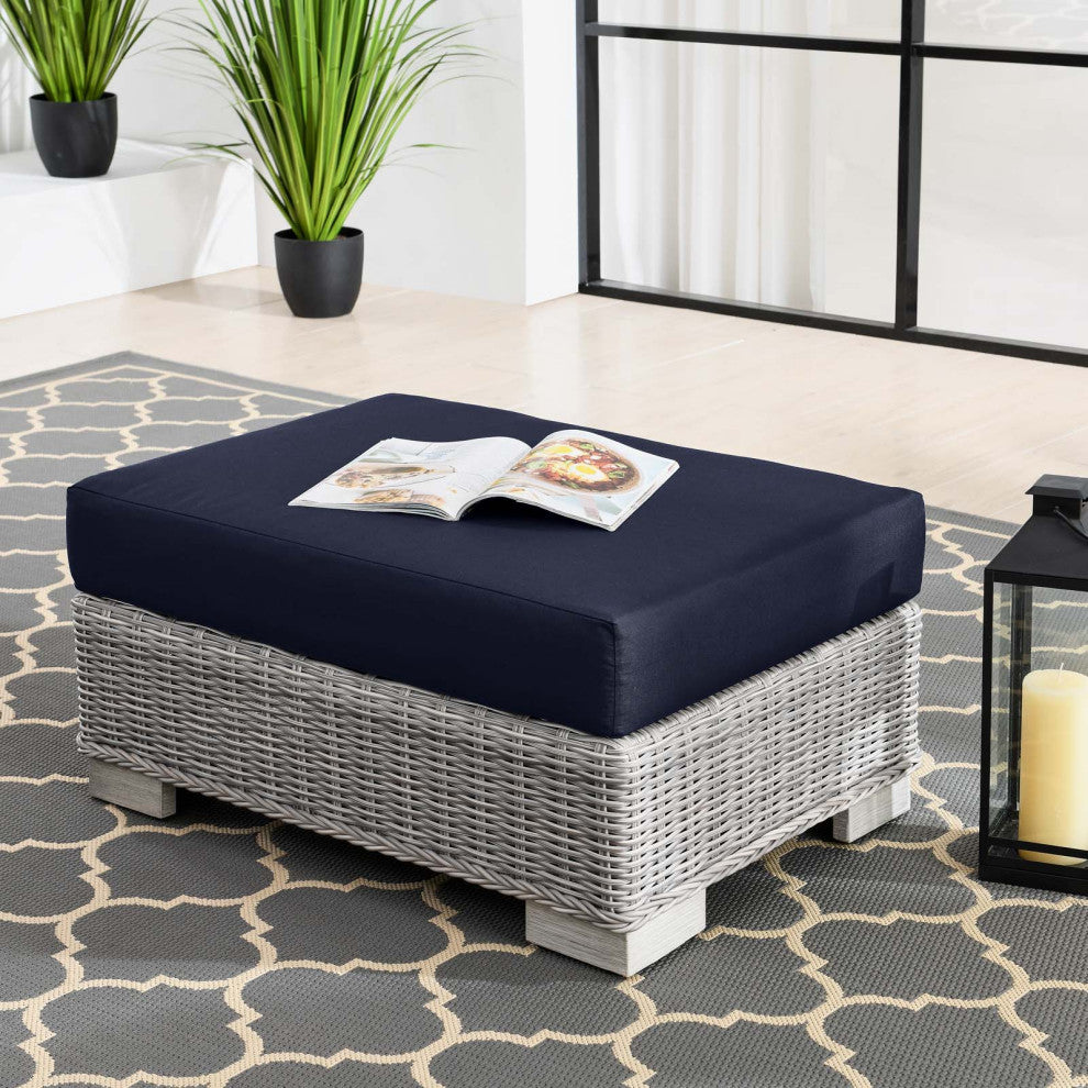 Lounge Chair Chaise, Rattan, Wicker, Gray Blue Navy, Modern, Outdoor Patio