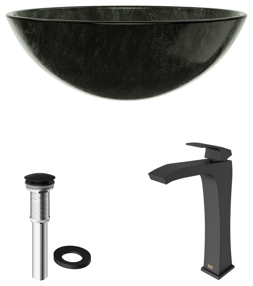 Giovanni 17"L x 17"W Glass Vessel Sink and Blackstonian 12"H Faucet Set