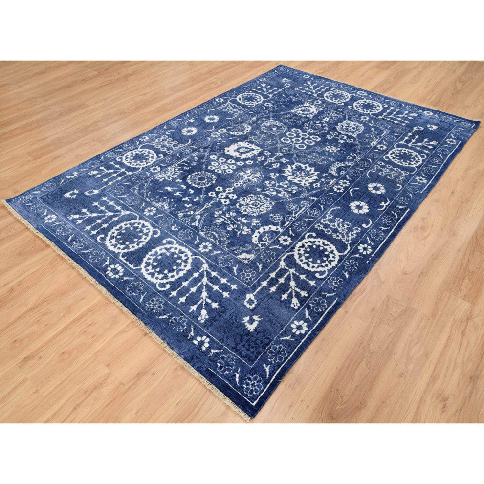 Tone On Tone Tabriz Hand Knotted Wool and Silk Blue Oriental Rug, 6'0" x 8'10"