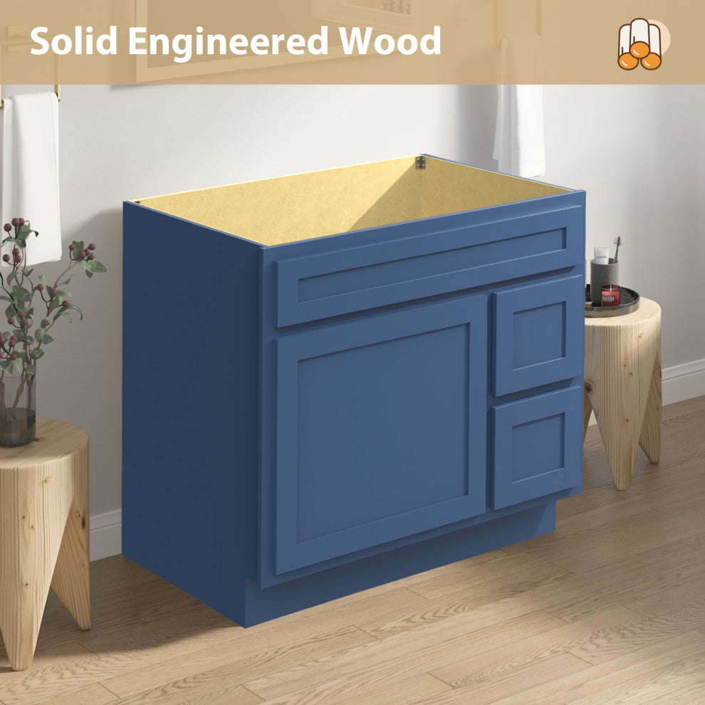 Vanity Art Vanity Base Cabinet, No Top, Drawers on Right, 36", Blue