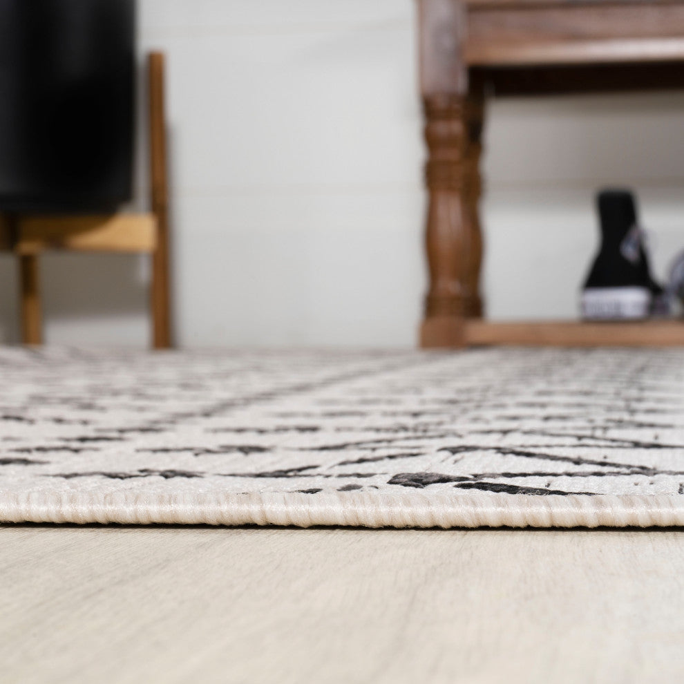 Ourika Moroccan Geometric Indoor/Outdoor Rug, Cream/Black, 5' Square