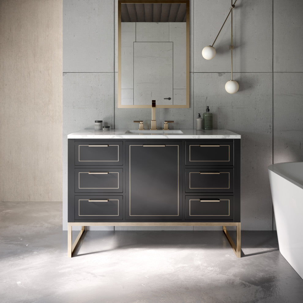 Markham 48" Bathroom Vanity, Midnight Black/Satin Brass, 48", Quartz Countertop