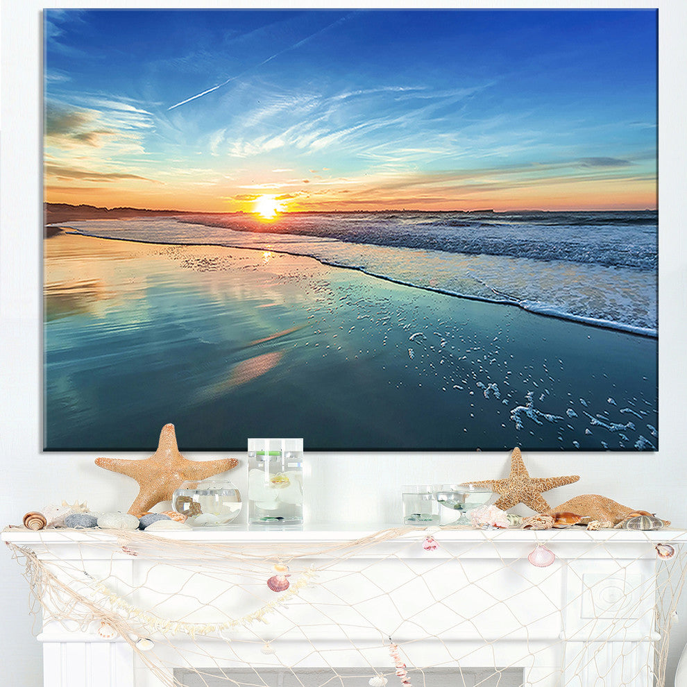 "Blue Seashore With Distant Sunset" Seashore Canvas Wall Art, 40"x30"
