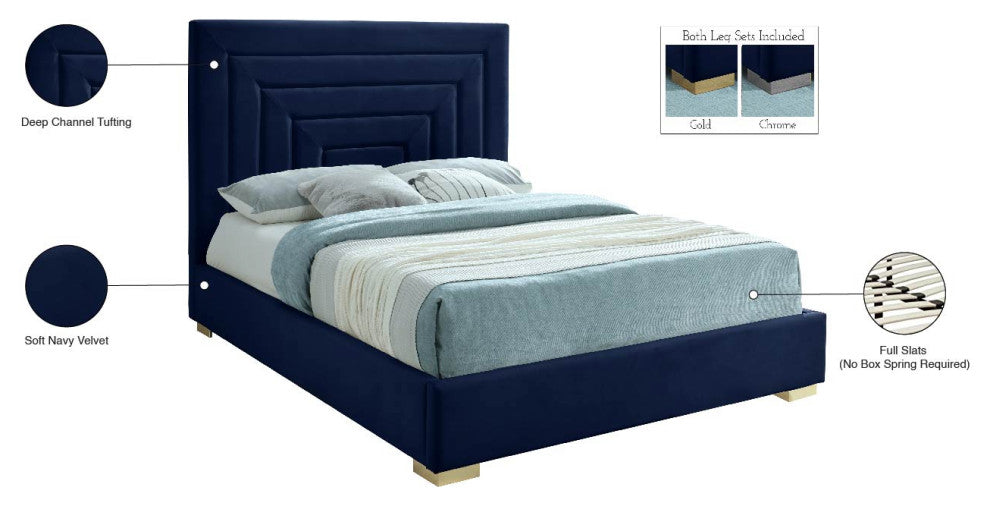 Nora Velvet Upholstered Bed, Navy, Queen