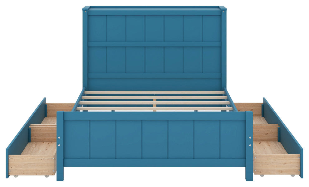 Full Size Platform Bed with Storage Drawers and Headboard Shelves (No mattress), Blue
