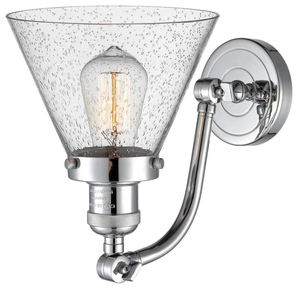 1-Light Large Cone 8" Sconce, Polished Chrome, Glass: Seedy