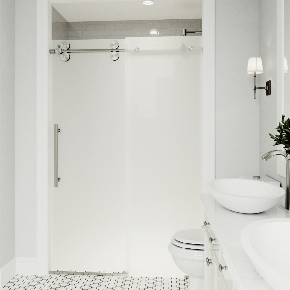 VIGO Elan 56" to 60" W x 74" H Frameless Sliding Shower Door, Stainless Steel, Left, Frosted Glass