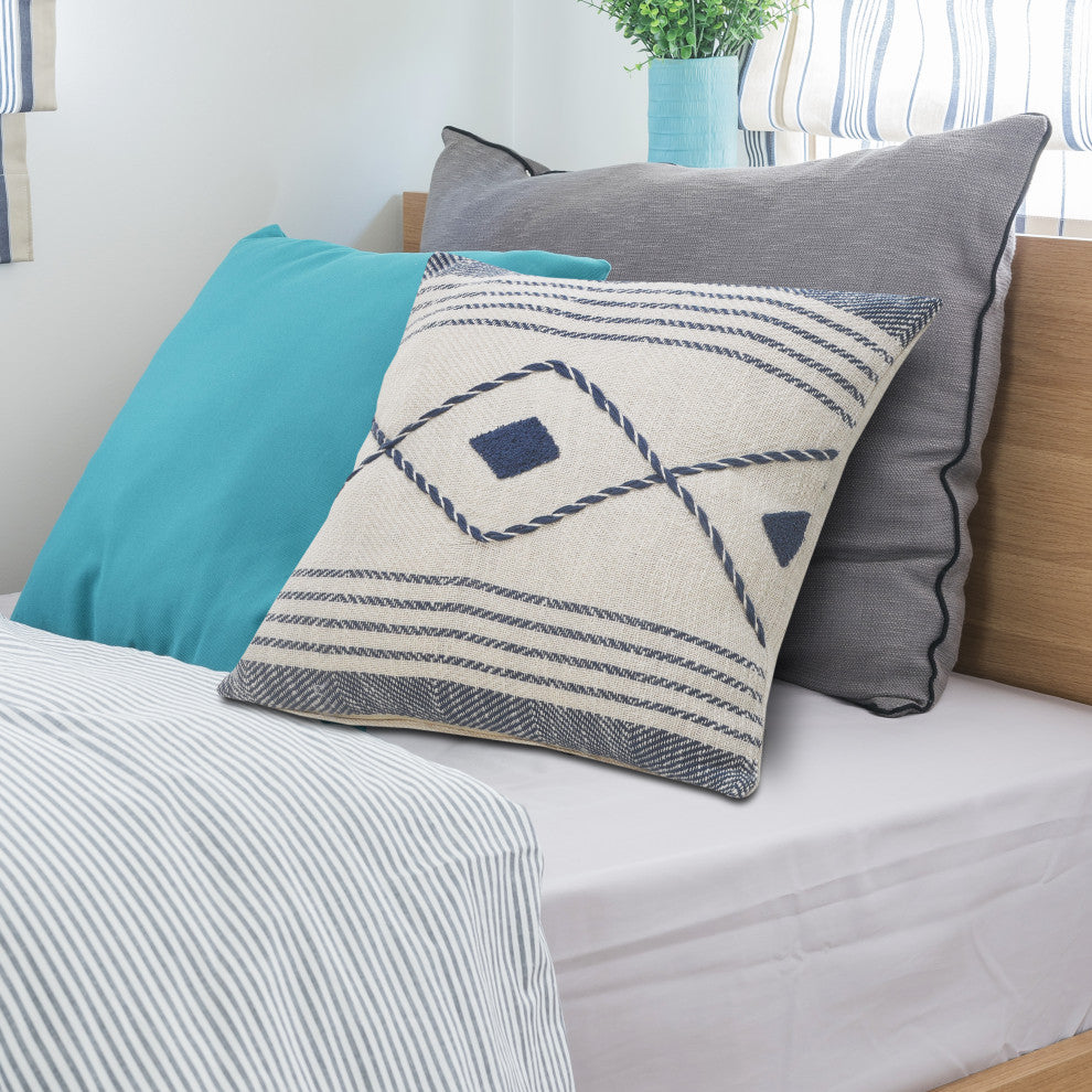 Coastal Edge Geometric Diamond Throw Pillow, Blue/White, 20" X 20", Cover Only