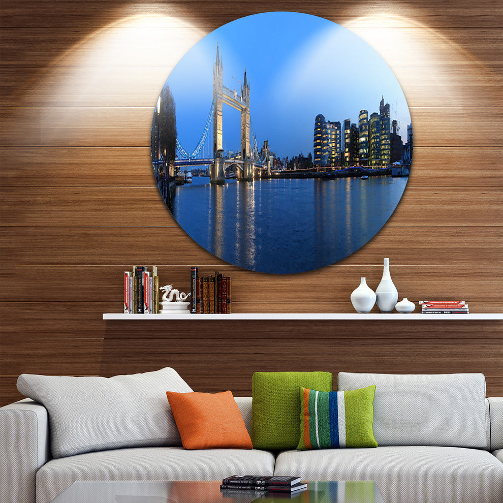 London Tower Bridge In Blue, Cityscape Photo Disc Metal Wall Art, 38"