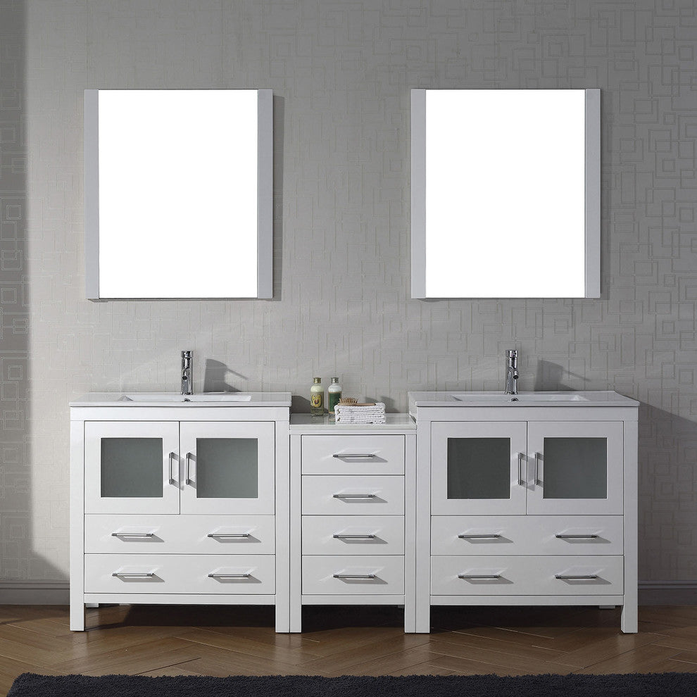 Virtu Dior 82" Double Bathroom Vanity, White, Polished Chrome Faucet, Mirrors
