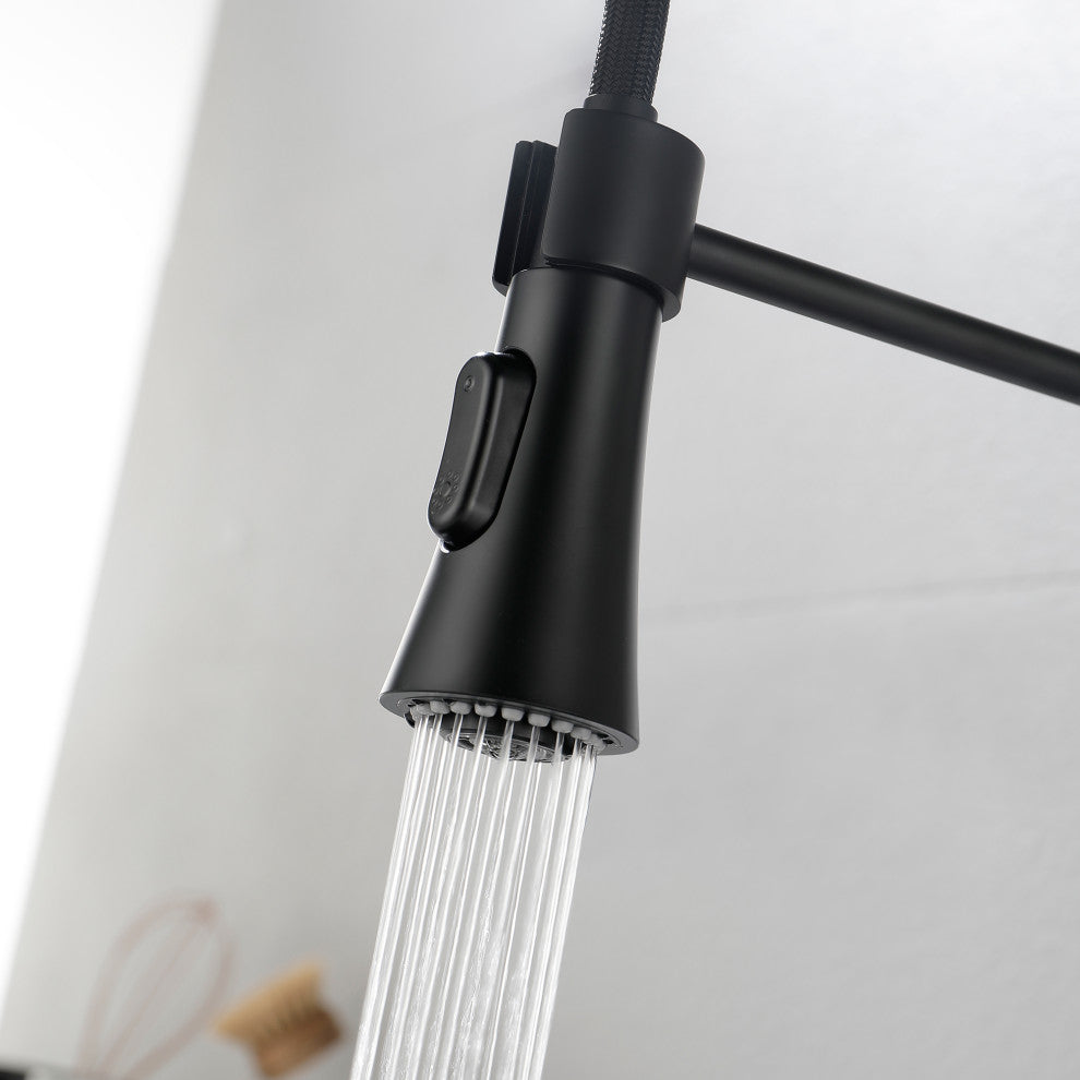 Wellfor Stainless Steel Pull Down Kitchen Faucet With Deck Plate, Matte Black