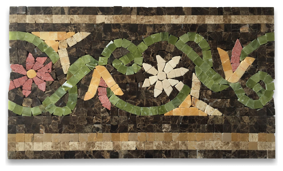 Marble Mosaic Border Listello Tile Blossom Emperador 7.1x12 Polished, 1 piece