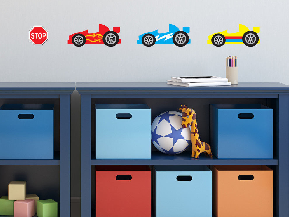 Race Cars Fabric Wall Decal, Set of 3, Red, Blue, and Yellow