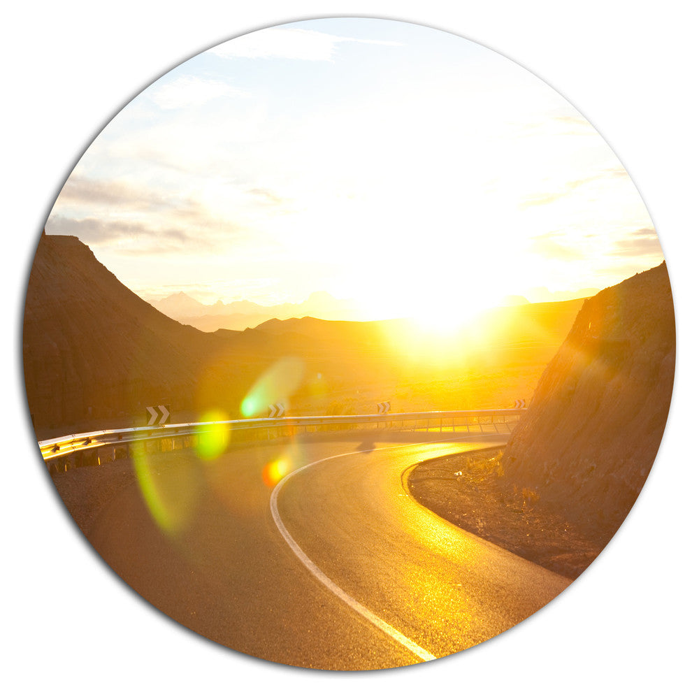 Yellow Road Under Sunset, Landscape Round Metal Wall Art, 36"
