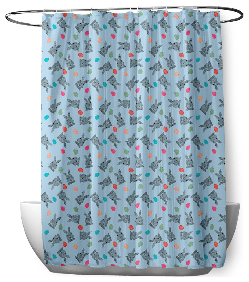 70"Wx73"L Bunnies and Eggs Shower Curtain, After Rain Blue