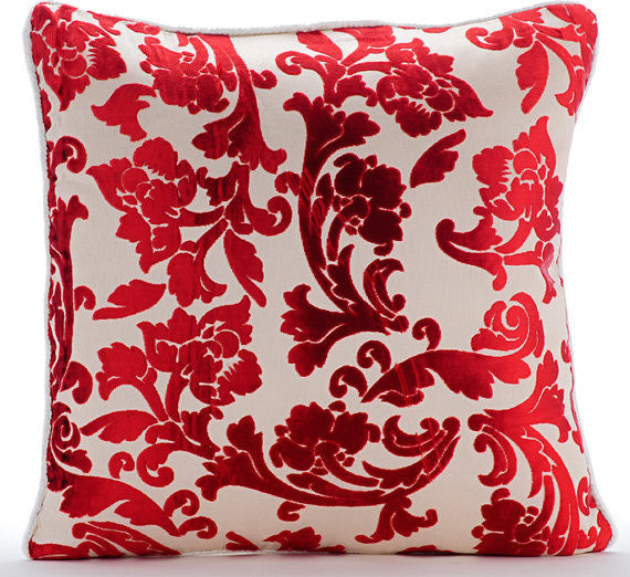Cayenne Red Florals, Red Burnout Velvet 14"x14" Throw Pillow Covers