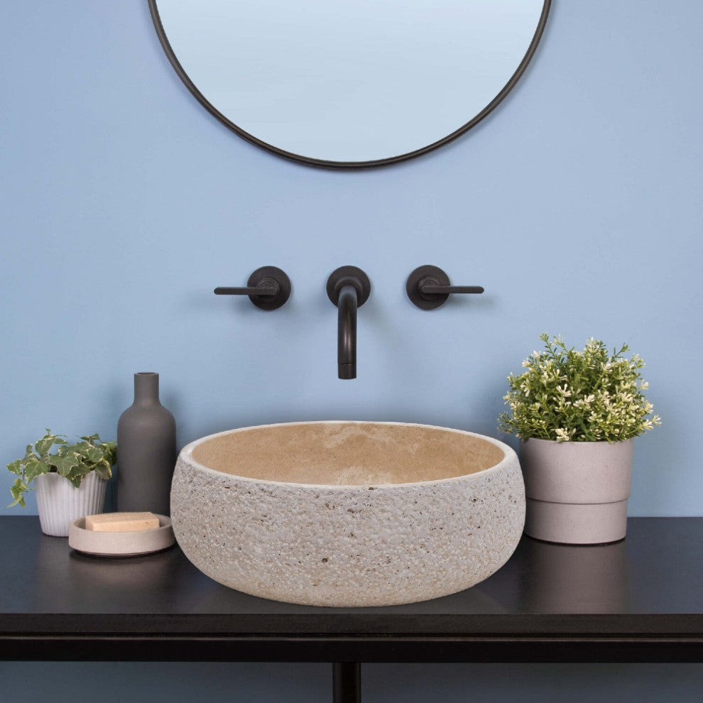 Light Beige Travertine Vessel Sink Honed Inside&Sandblasted Outside (D)16" (H)6"