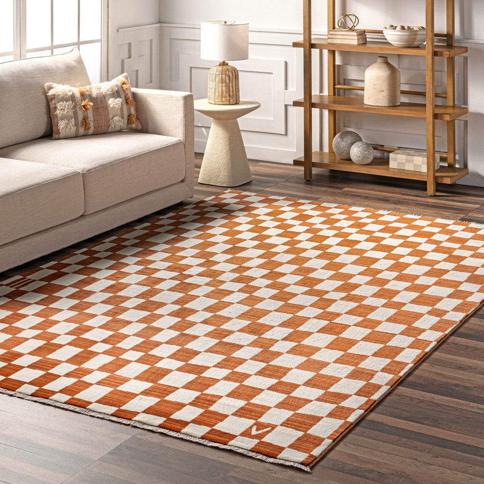 Nuloom Dominique Abstract Checkered Fringe Area Rug, Orange 6'7"x10'2"