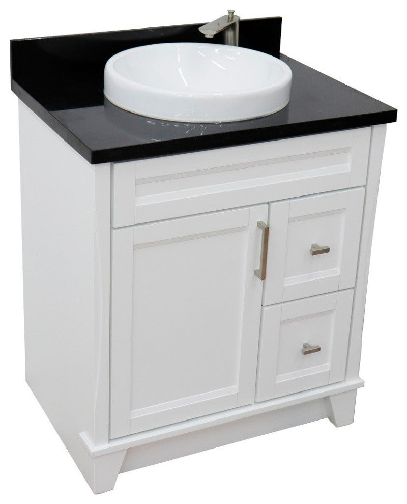 31" Single Sink Vanity, White Finish With Black Galaxy Granite With Round Sink