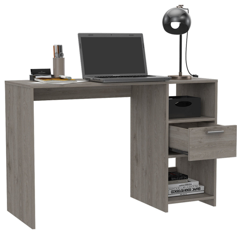 Naxos Computer Desk with Drawer, 2 Open Storage Shelves, and Legs, Light Gray