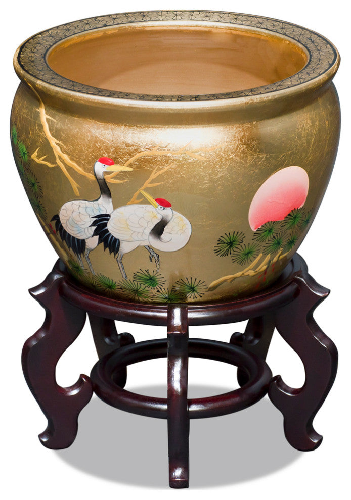12 Inch Gold Leaf Longevity Cranes Fishbowl Planter, With Stand