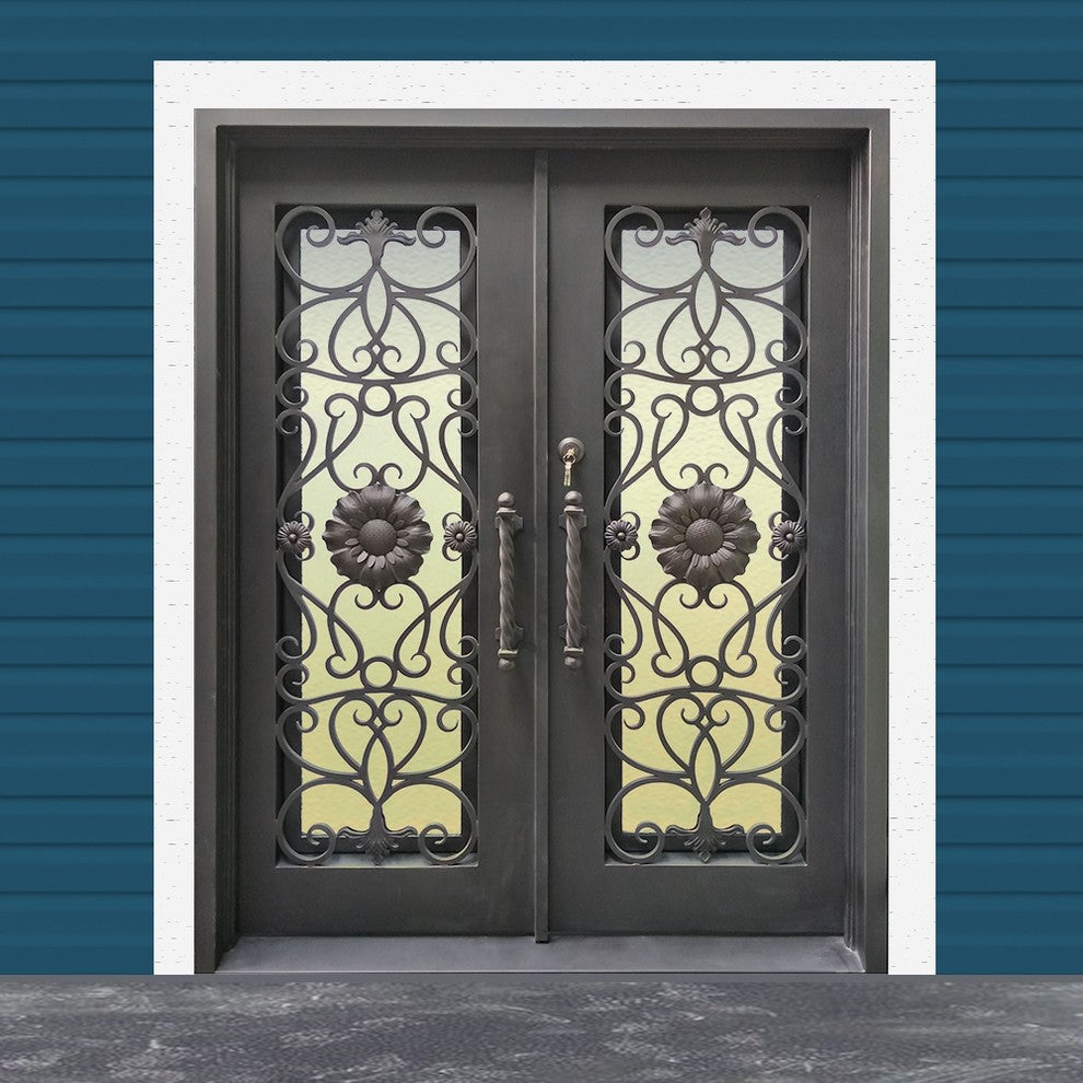 Square Top Sunflower Dual Door With Frame and Threshold 62"x81", Aged Bronze