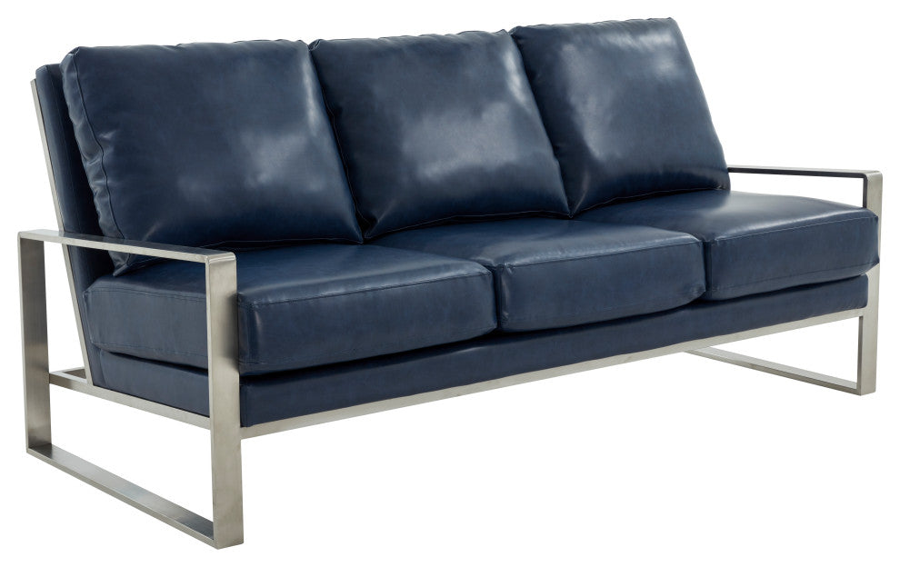 LeisureMod Jefferson Modern Faux Leather Sofa With Silver Frame, Navy Blue