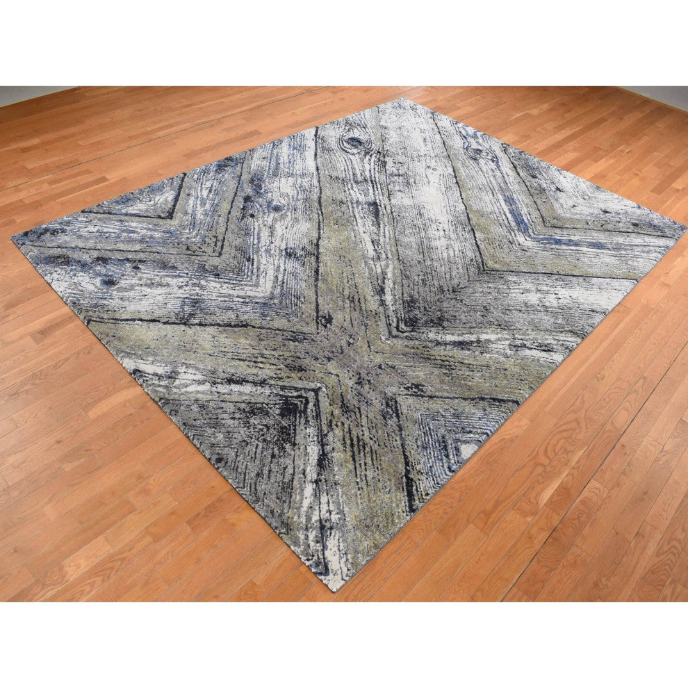 Gray, THE WOOD GRAIN Design, Silk With Wool, Hand Knotted Rug, 9'x12'1"
