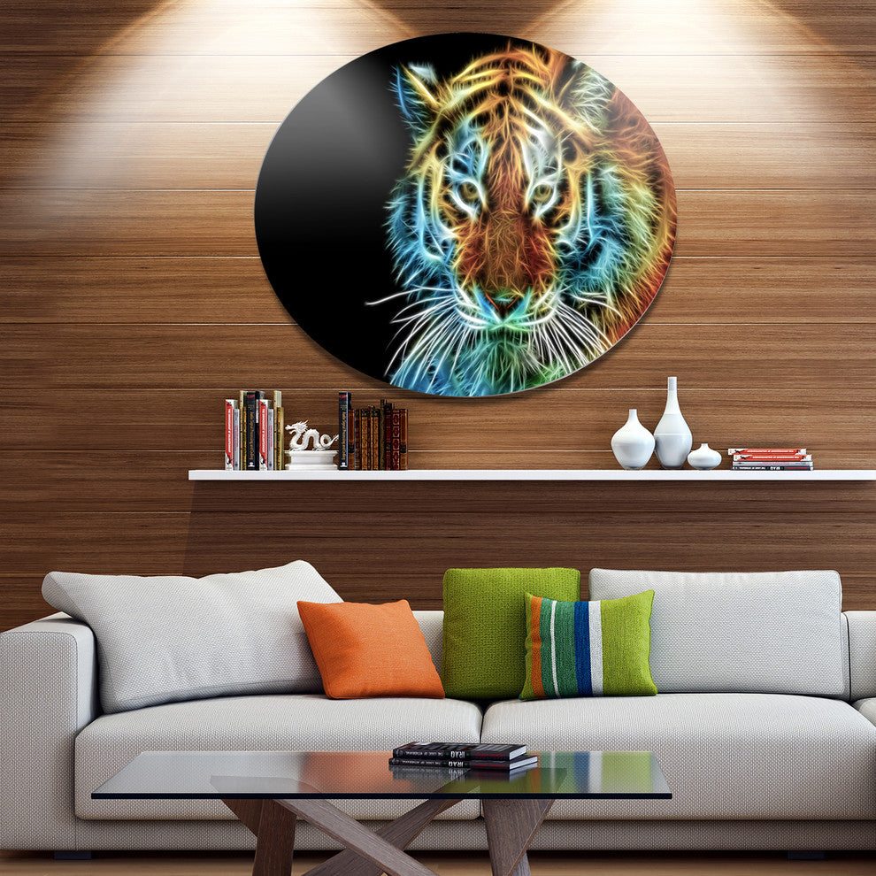 Illuminating Tiger Head View, Animal Art Disc Metal Artwork, 11"