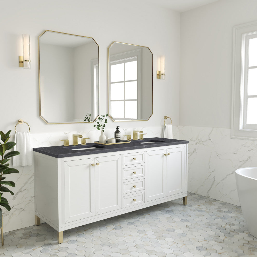 Chicago 72" Double Vanity, Glossy White, Charcoal Soapstone Quartz