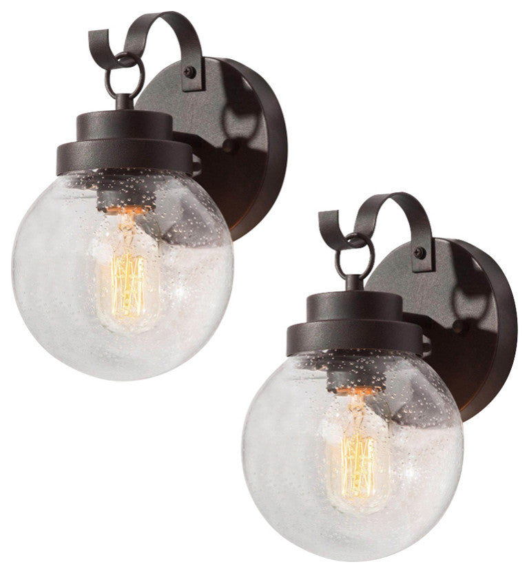 1-Light Seeded Glass Globe Outdoor Wall Light, Set of 2, Rustic Bronze, 10"