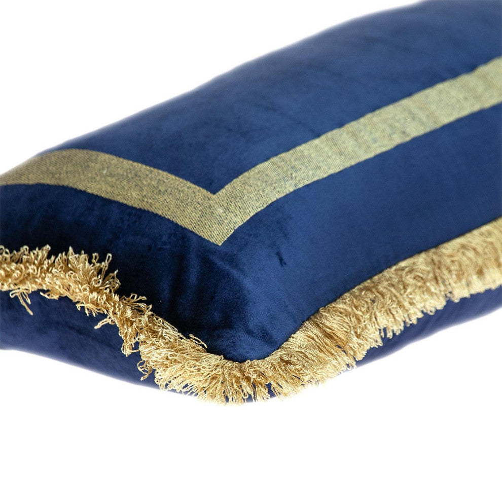 Boho Blue With Gold Fringe Decorative Lumbar Throw Pillow