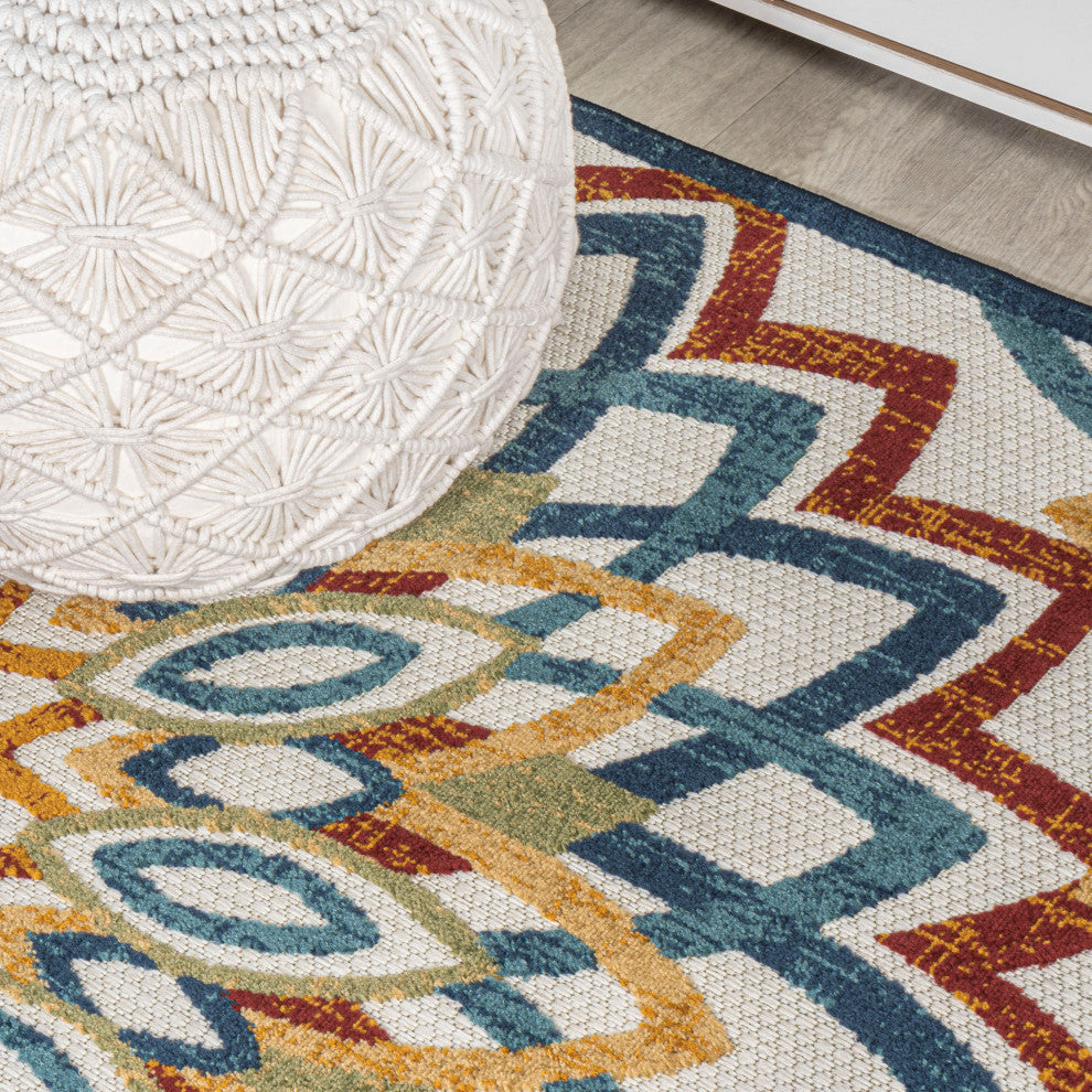 Flora Abstract Bold Mandala High-Low Indoor/Outdoor Area Rug, Red/Blue/Yellow
