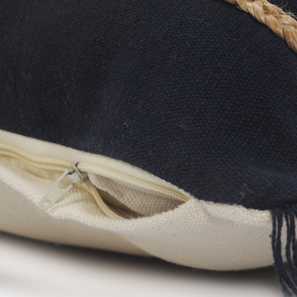 Atlantis Americana Solid Lumbar Pillow with Jute Braiding, Navy/Tan