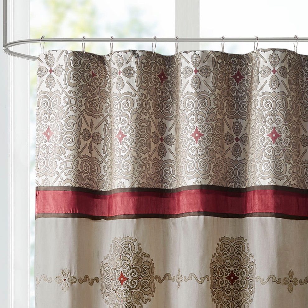 Madison Park Donovan Embroidered Shower Curtain, Red