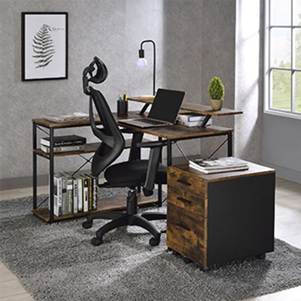 L Shape Wooden Writing Desk, Weathered Oak and Black Finish