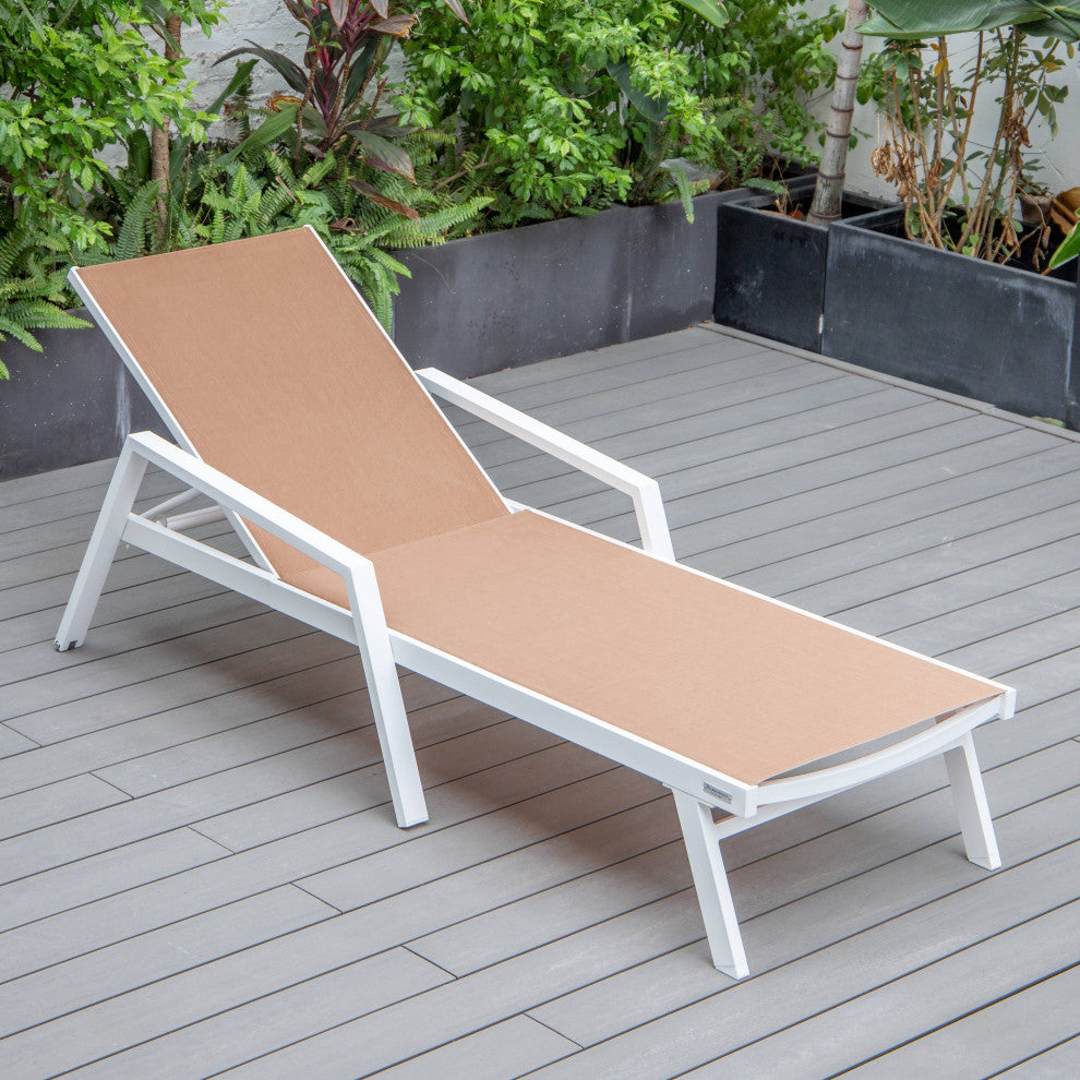 LeisureMod Marlin Patio Chaise Lounge Chair With Arms White Frame, Light Brown