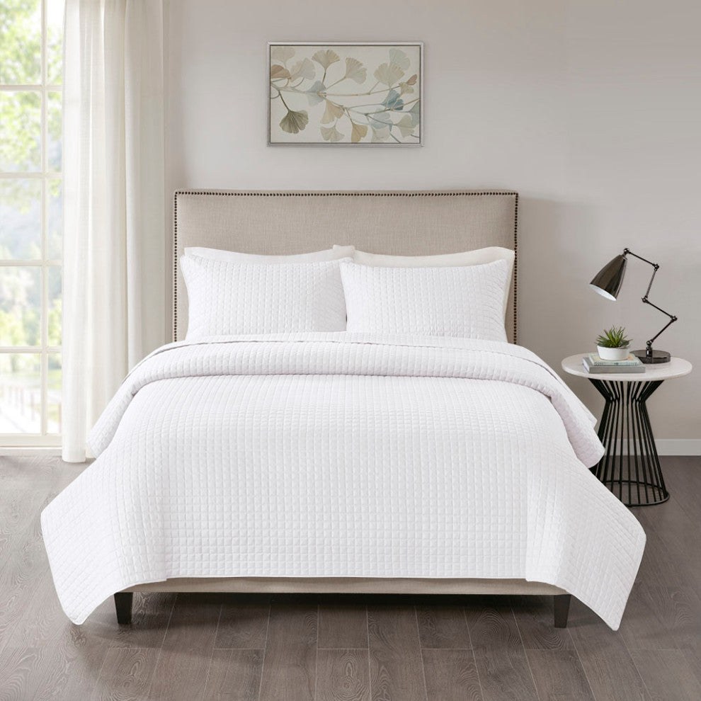 510 Design Otto Checkered Quilted 3-Piece Reversible Coverlet Set, White, Full/Q