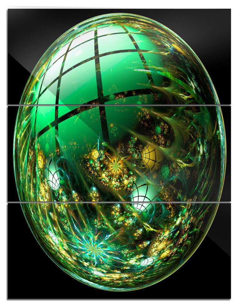 "Bright Green Fractal Sphere" Metal Wall Art, 3 Panels, 28"x36"