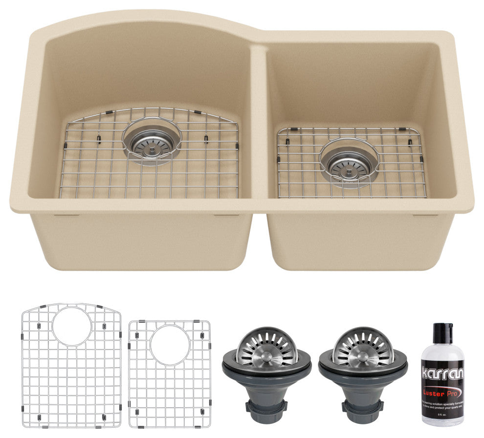 Karran Undermount Quartz 32" 60/40 Double Bowl Kitchen Sink Kit, Bisque