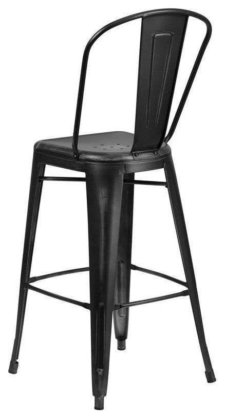30" High Distressed Black Metal Indoor-Outdoor Barstool With Back