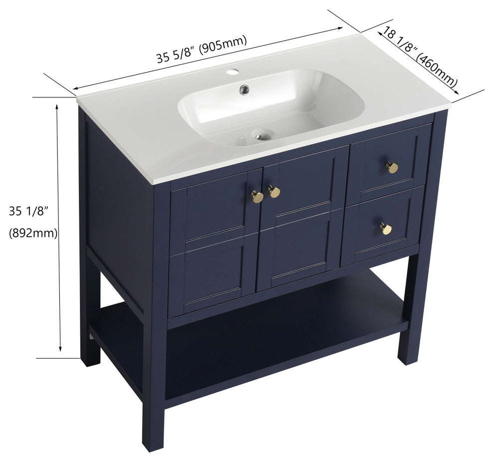 36" Plywood Freestanding Bath Vanity Set, Integrated Resin Sink